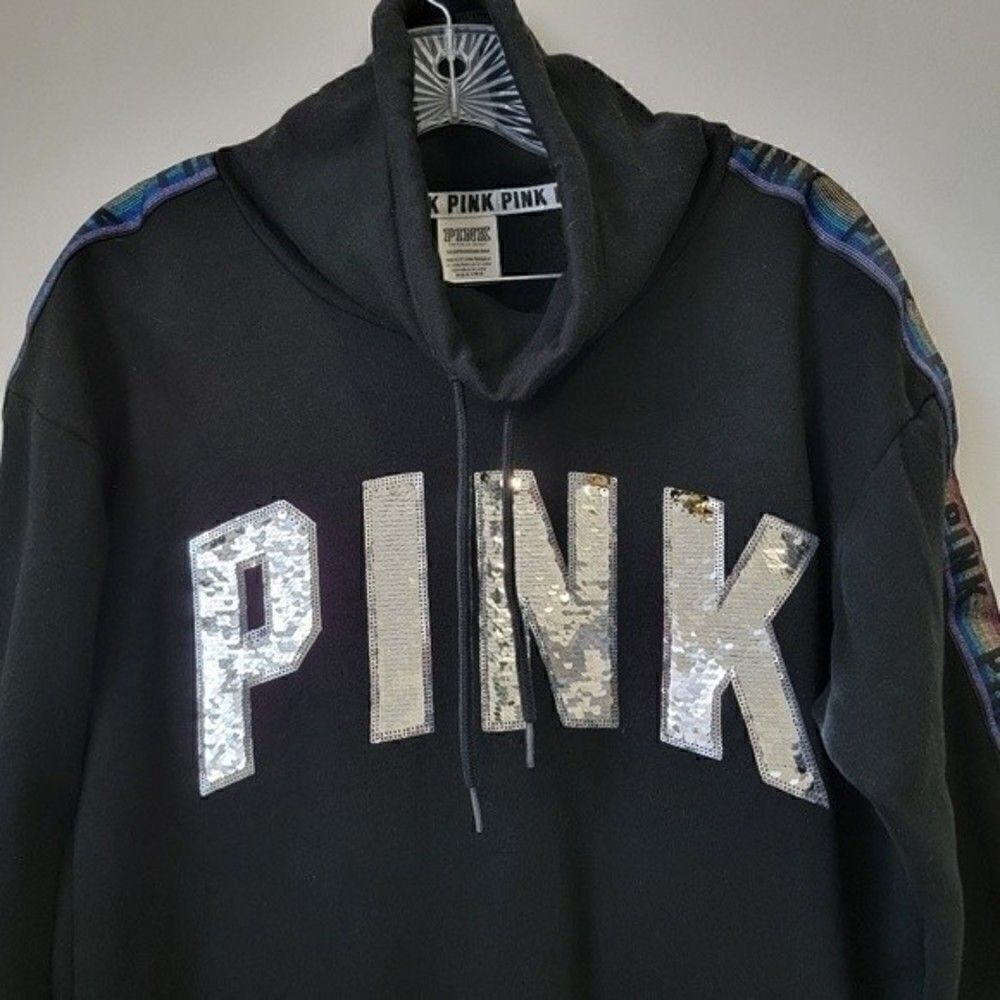 PINK Victoria's Secret Bling Logo Cowl Neck Rainbow Sleeve Sweatshirt Black XS - Picture 4 of 10